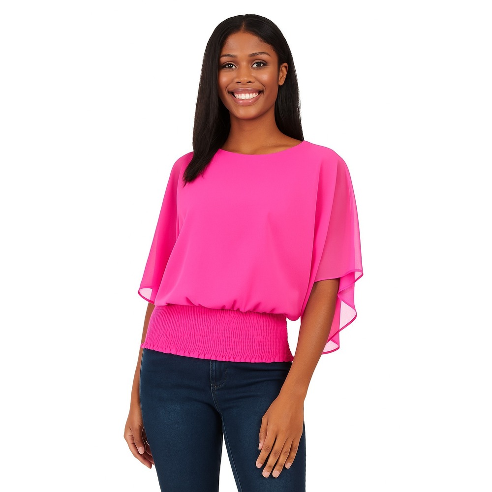 Sam & Jess Smocked-Waist Top Fiercely Fuchsia Blouse Women's Size S Pink